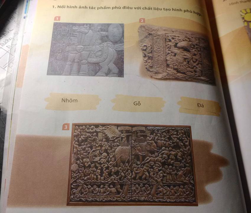 Hình tham 
1. Nối hình ảnh tác phẩm phù điêu với chất liệu tạo hình phù hợp 
2 
Nhôm 
Gỗ 
Đá