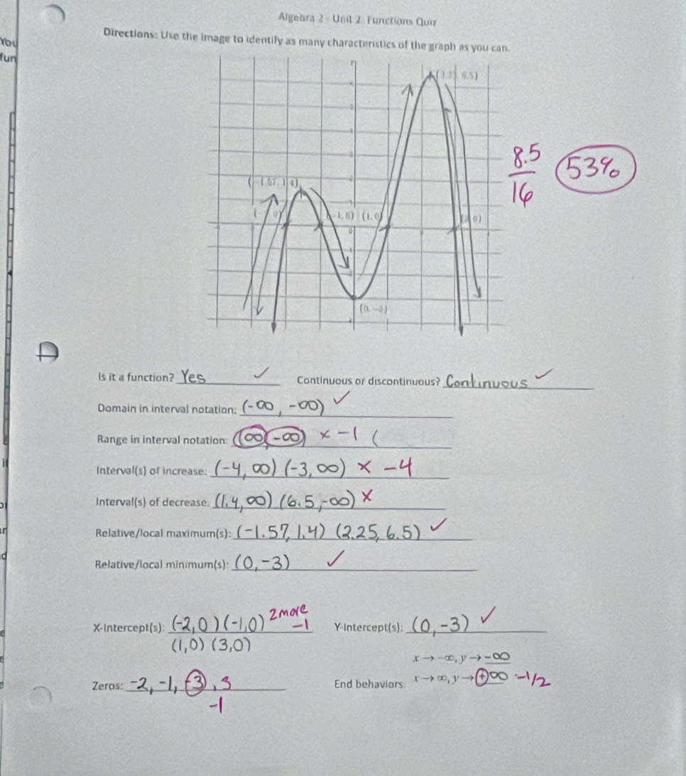 Algeara 2 - Unit 2: Functions Quiz
Directions: Use the image to identify as many characteristics of the graph as you can.
You
fun
ls it a function?_ Continuous or discontinuous?
_
_
Domain in interval notation:
Range in interval notation:__
Interval(s) of increase:
_
Interval(s) of decrease
_
in
Relative/local maximum(s):_
d
Relative/local minimum(s)_
X-intercept(s) _Y-Intercept(s);_
_ xto -∈fty ,yto -∈fty
Zeros _End behaviors xto ∈fty ,yto _