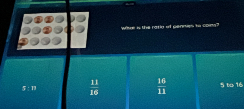 What is the ratio of pennies to coins?
5:11
 11/16 
 16/11 
5 to 16