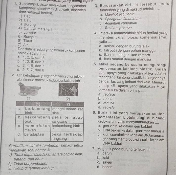 a u  j a w ab an yang paling te   an 
1. Sekelompok siswa melakukan pengamatan 3. Berdasarkan ciri-ciri tersebut, jenis
komponen ekosistem di sawah, diperoleh tumbuhan yang dimaksud adalah ....
data sebagai berikut.
1) Padi a. Manihot esculenta
2) Batu b. Sphagnum fimbriatum
3) Burung
c. Adiantum cuneatum
4) Cahaya matahari d. Gnetum gnemon
5) Lumpur 4. Interaksi antarmakhluk hidup berikut yang
6) Rumput membentuk simbiosis komensalisme,
8) Tikus yaitu ....
7) Air a. kerbau dengan burung jalak
Dari data tersebut yang termasuk komponen b. tali putri dengan pohon mangga
abiotik adalah .... c. ikan hiu dengan ikan remora
a. 1, 2, 5, dan 8 d. kutu rambut dengan manusia
b. 1, 3, 6, dan 7
c. 2, 4, 5, dan 7 5. Milya sedang berusaha mengurangi
pencemaran kantong plastik. Salah
d. 2, 5, 7, dan 8 satu upaya yang dilakukan Milya adalah
2. Ciri kehidupan yang tepat yang ditunjukkan mengganti kantong plastik belanjaannya
oleh kedua makhluk hidup berikut adalah .... dengan tas yang terbuat dari kain. Menurut
prinsip 4R, upaya yang dilakukan Milya
termasuk ke dalam prinsip ....
a. replace
(1)b. reuse
c. reduce
d. recycle
6. Berikut ini yang merupakan contoh
pemanfaatan bioteknologi di bidang
kedokteran, yaitu menyambungkan ....
a. gen virus ke dalam gen bakteri
b. DNA bakteri ke dalam pankreas manusia
c. kromosom bakteri ke dalam DNA manusia
d. gen yang memproduksi insulin ke dalam
DNA bakteri
Perhatikan ciri-ciri tumbuhan berikut untuk 7. Magnetit pada burung terletak di ....
menjawab soal nomor 3! a. paruh
1) Tidak dapat dibedakan antara bagian akar,
batang, dan daun. b. kaki
2) Tidak berpembuluh.
c. sayap
3) Hidup di tempat lembap. d. badan