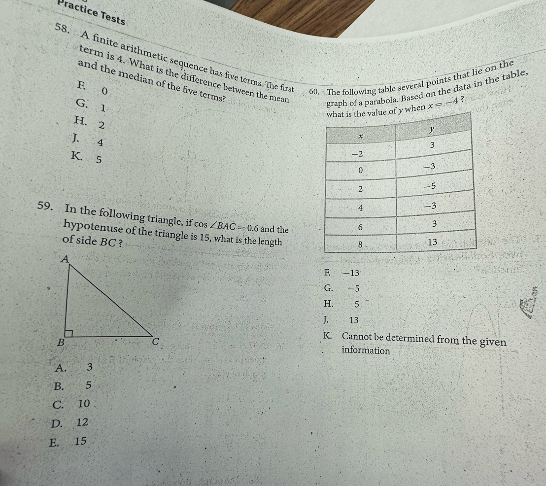 Practice Tests
58. A finite arithmetic sequence has five terms. The first 60. The following table several points that lie on the
term is 4. What is the difference between the mean
and the median of the five terms?
F. 0
G. 1
graph of a parabola. Based on the data in the table,
en x=-4 ?
H. 2
J. 4
K. 5
59. In the following triangle, if cos ∠ BAC=0.6 and the
hypotenuse of the triangle is 15, what is the length
of side BC ?
F. -13
G. -5
H. 5
J. 13
K. Cannot be determined from the given
information
A. 3
B. 5
C. 10
D. 12
E. 15