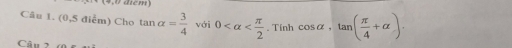 aemy 
Câu 1. (0,5 điểm) Cho tan alpha = 3/4  với 0 . Tính cos alpha , tan ( π /4 +alpha ). 
Câu 2