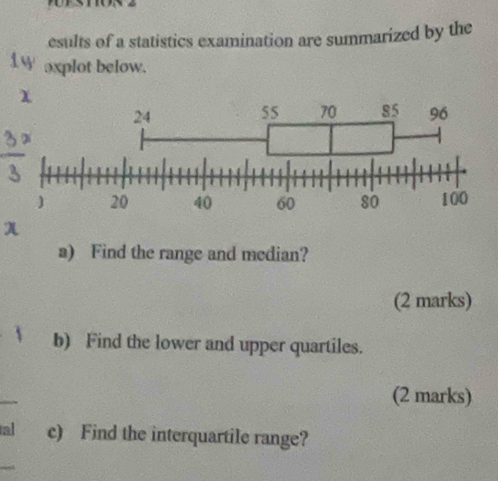 esults of a statistics examination are summarized by the 
1 W axplot below. 
a) Find the range and mcdian? 
(2 marks) 
b) Find the lower and upper quartiles. 
_ 
(2 marks) 
al c) Find the interquartile range? 
_