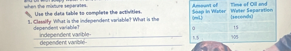 and o f l w 
when the mixture separates. 
Use the data table to complete the activities. 
1. Classify What is the independent variable? What is the 
dependent variable? 
independent varible- 
dependent varible-