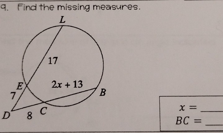 Find the missing measures.
D
_ x=
BC=
_