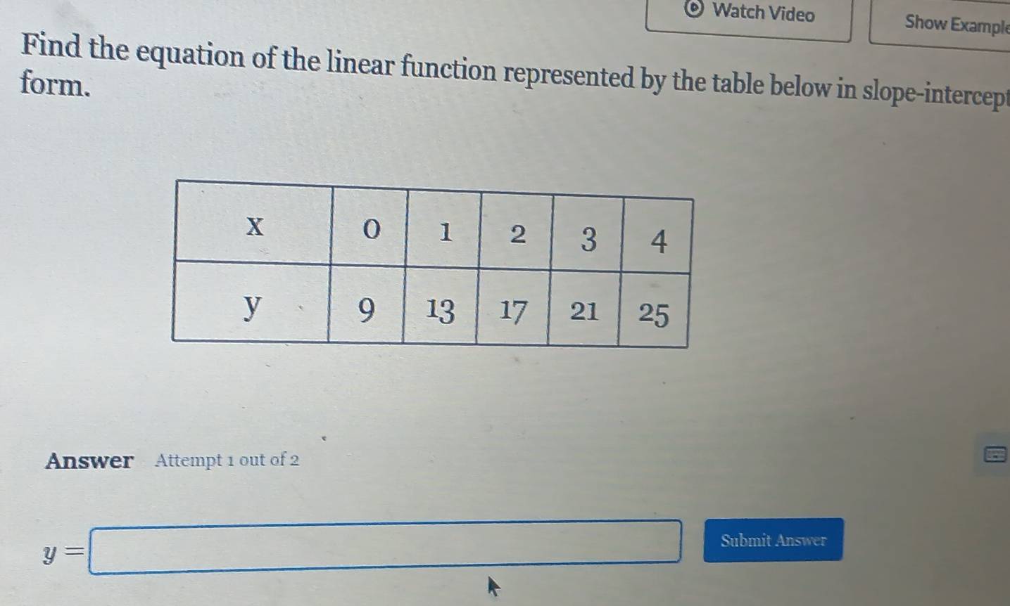 Watch Video Show Example 
Find the equation of the linear function represented by the table below in slope-intercep 
form. 
Answer Attempt 1 out of 2
y=□ Submit Answer