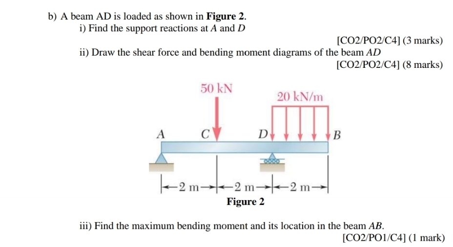 A beam AD is loaded as shown in Figure 2. 
i) Find the support reactions at A and D
[CO2/PO2/C4] (3 marks) 
ii) Draw the shear force and bending moment diagrams of the beam AD
[ CO2/PO2/C4] (8 marks) 
iii) Find the maximum bending moment and its location in the beam AB. 
[CO2/PO1/C4] (1 mark)