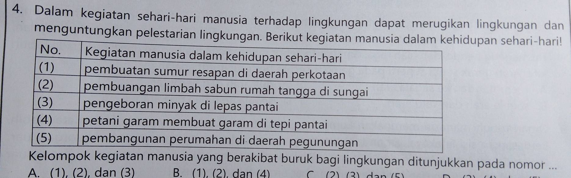 Dalam kegiatan sehari-hari manusia terhadap lingkungan dapat merugikan lingkungan dan
menguntungkan pelestarian an sehari-hari!
Kelompok kegiatan manusia yang berakibat buruk bagi lingkungan ditunjukkan pada nomor ...
A. (1), (2), dan (3) B. (1), (2), dan (4) C (2) (3)