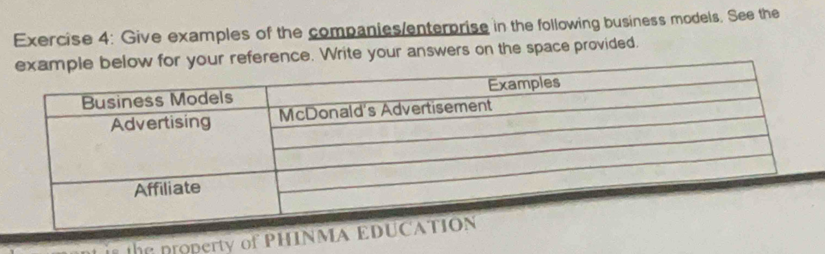 Give examples of the companies/enterprise in the following business models. See the 
nce. Write your answers on the space provided. 
te property of PHINMA