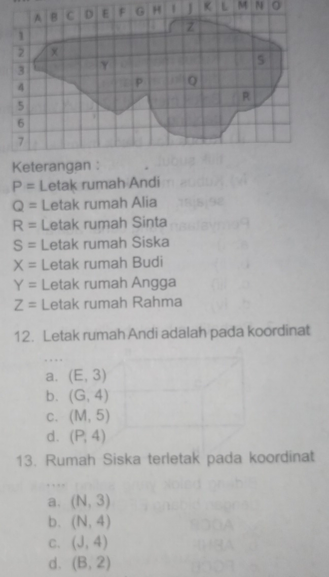 M N
Keterangan :
P= Letak rumah Andi
Q= Letak rumah Alia
R= Letak rumah Sinta
S= Letak rumah Siska
X= Letak rumah Budi
Y= Letak rumah Angga
Z= Letak rumah Rahma
12. Letak rumah Andi adalah pada koordinat
a. (E,3)
b. (G,4)
C. (M,5)
d. (P,4)
13. Rumah Siska terletak pada koordinat
a. (N,3)
b. (N,4)
C. (J,4)
d. (B,2)