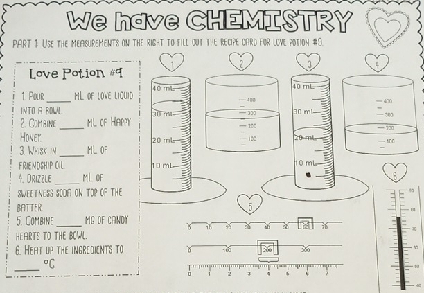 We have CHEMISTRY 
PART 1: USE thE MEASUREMENTS ON THE RIGHT TO FILL OUT THE RECIPE CARD FOR LOVE POTION #9. 
Love Potion #9 
1. Pour _ML OF LOVE LIQU 
INTO A BOWL. 
2. Combine _ML OF HApp 
Honey. 
3. Whisk in _ML OF 
FRIENDSHIP OIL. 
4. DriZZle _ ML OF 
SWEETNESS SODA ON TOP OF THEs 
BATTER 
e 
5. Combine _MG OF CANDY
70
HEARTS TO THE BOWL. 
6. HeAt up the ingredients to
50
_°C.
40
42