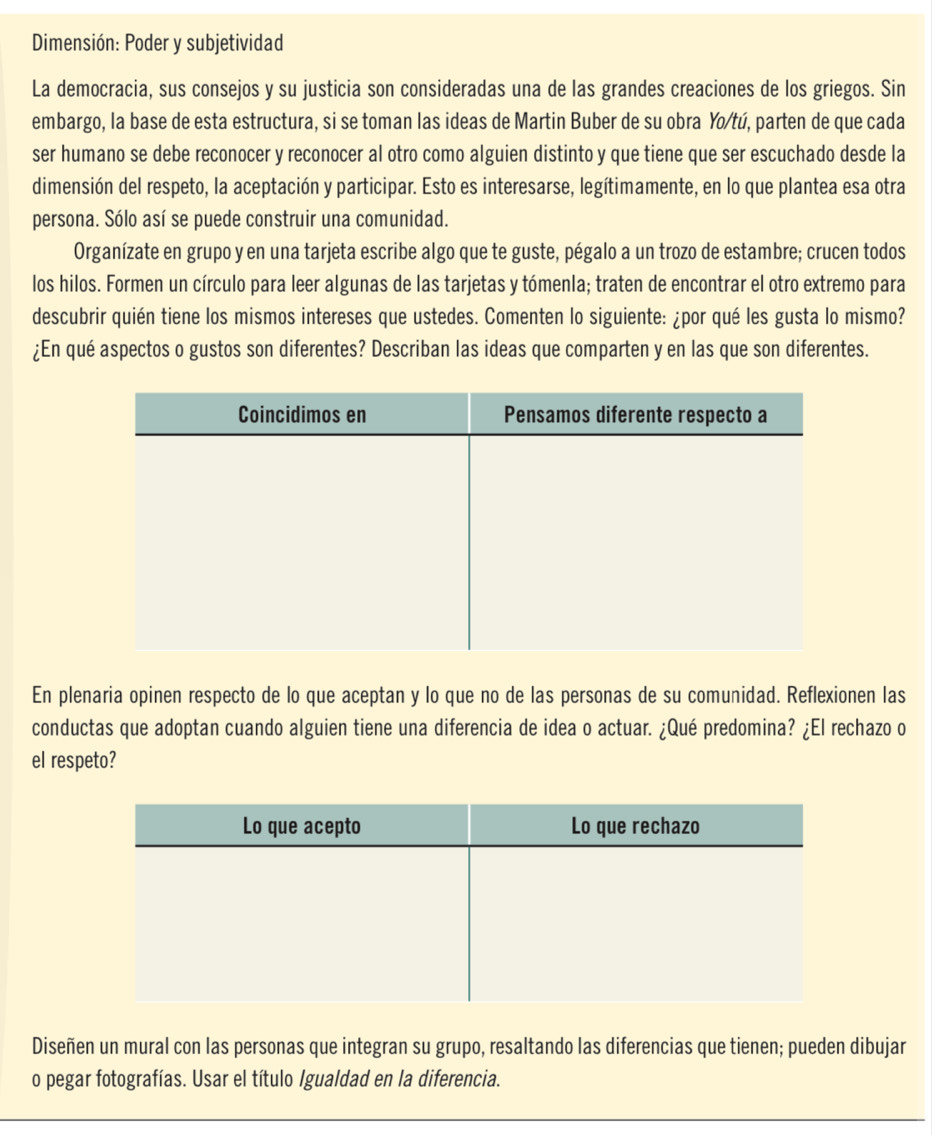 Dimensión: Poder y subjetividad 
La democracia, sus consejos y su justicia son consideradas una de las grandes creaciones de los griegos. Sin 
embargo, la base de esta estructura, si se toman las ideas de Martin Buber de su obra Yo/tú, parten de que cada 
ser humano se debe reconocer y reconocer al otro como alguien distinto y que tiene que ser escuchado desde la 
dimensión del respeto, la aceptación y participar. Esto es interesarse, legítimamente, en lo que plantea esa otra 
persona. Sólo así se puede construir una comunidad. 
Organízate en grupo y en una tarjeta escribe algo que te guste, pégalo a un trozo de estambre; crucen todos 
los hilos. Formen un círculo para leer algunas de las tarjetas y tómenla; traten de encontrar el otro extremo para 
descubrir quién tiene los mismos intereses que ustedes. Comenten lo siguiente: ¿por qué les gusta lo mismo? 
¿En qué aspectos o gustos son diferentes? Describan las ideas que comparten y en las que son diferentes. 
En plenaria opinen respecto de lo que aceptan y lo que no de las personas de su comunidad. Reflexionen las 
conductas que adoptan cuando alguien tiene una diferencia de idea o actuar. ¿Qué predomina? ¿El rechazo o 
el respeto? 
Diseñen un mural con las personas que integran su grupo, resaltando las diferencias que tienen; pueden dibujar 
o pegar fotografías. Usar el título Igualdad en la diferencia.