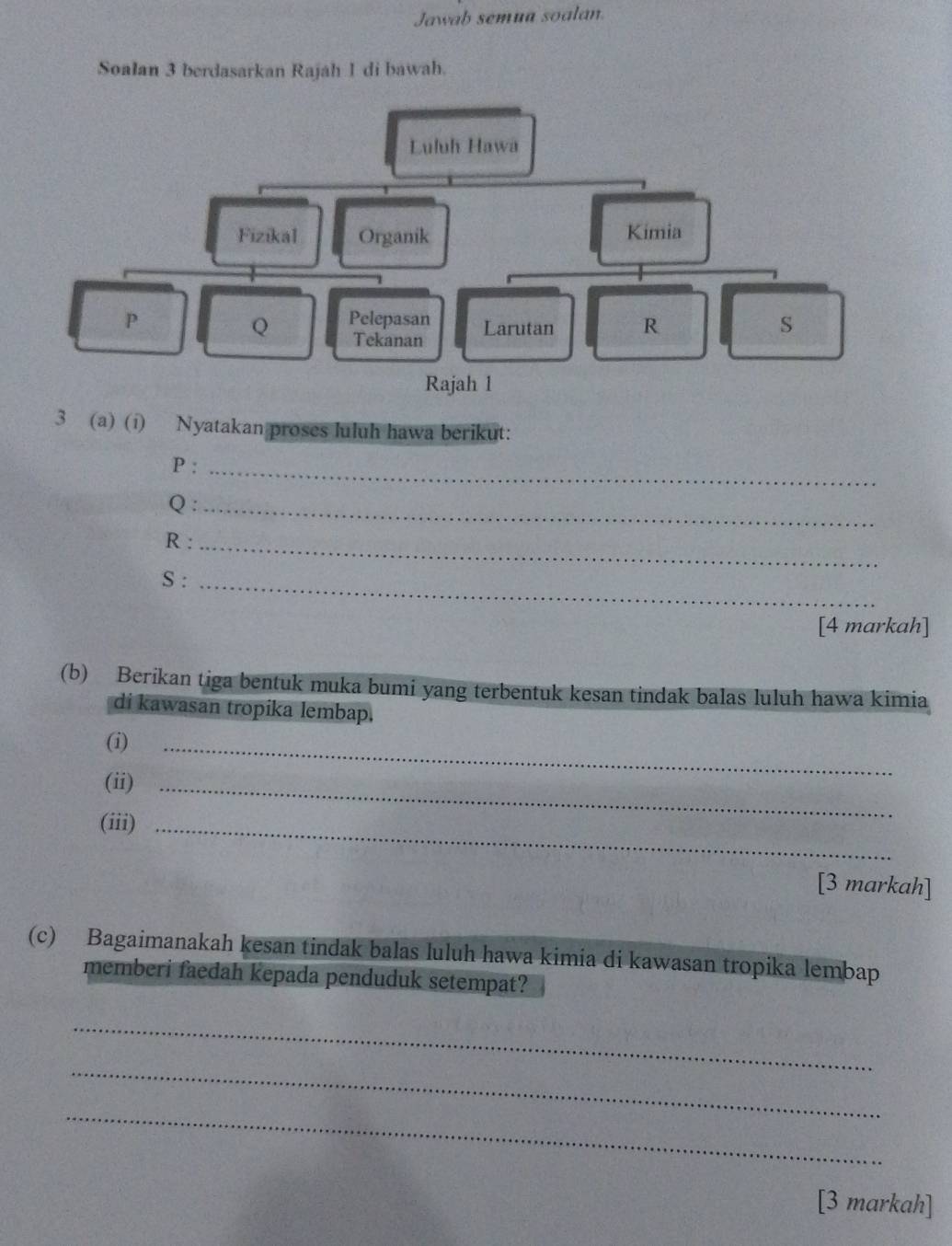 Jawab semua soalan. 
Soalan 3 berdasarkan Rajah 1 di bawah. 
3 (a) (i) Nyatakan proses luluh hawa berikut: 
P :_ 
Q :_ 
R :_ 
S :_ 
[4 markah] 
(b) Berikan tiga bentuk muka bumi yang terbentuk kesan tindak balas luluh hawa kimia 
di kawasan tropika lembap. 
(i) 
_ 
(ii)_ 
(iii)_ 
[3 markah] 
(c) Bagaimanakah kesan tindak balas luluh hawa kimia di kawasan tropika lembap 
memberi faedah kepada penduduk setempat? 
_ 
_ 
_ 
[3 markah]