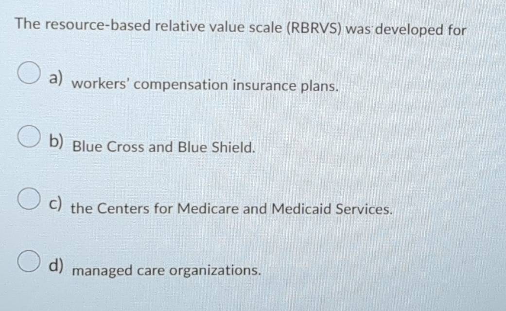 Solved: The resource-based relative value scale (RBRVS) was developed ...