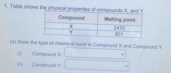 Table shows the physical properties of co 
(a) State the type of chemical bond in Compound X and Compound Y. 
(i) Compound X : 
(ii) Compound Y :