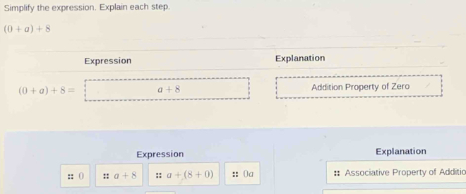 Simplify the expression. Explain each step.
(0+a)+8
Expression Explanation
0 a+8 a+(8+0) 0a Associative Property of Additic