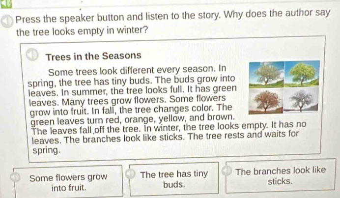 Press the speaker button and listen to the story. Why does the author say 
the tree looks empty in winter? 
Trees in the Seasons 
Some trees look different every season. In 
spring, the tree has tiny buds. The buds grow into 
leaves. In summer, the tree looks full. It has green 
leaves. Many trees grow flowers. Some flowers 
grow into fruit. In fall, the tree changes color. The 
green leaves turn red, orange, yellow, and brown. 
The leaves fall off the tree. In winter, the tree looks empty. It has no 
leaves. The branches look like sticks. The tree rests and waits for 
spring. 
Some flowers grow The tree has tiny The branches look like 
into fruit. buds. sticks.