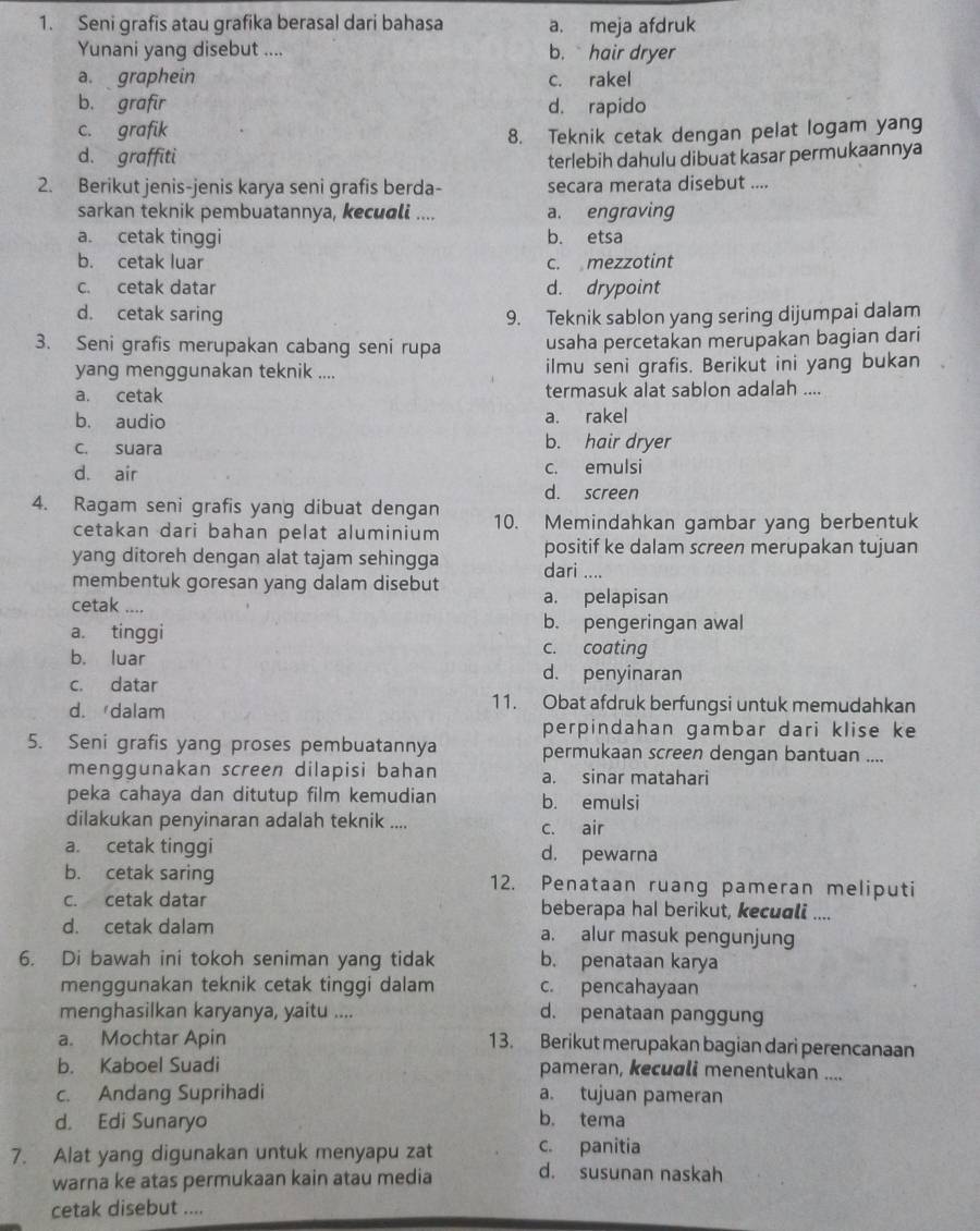 Seni grafis atau grafika berasal dari bahasa a. meja afdruk
Yunani yang disebut .... b. hair dryer
a. graphein c. rakel
b. grafir d. rapido
c. grafik
8. Teknik cetak dengan pelat logam yang
d. graffiti terlebih dahulu dibuat kasar permukaannya
2. Berikut jenis-jenis karya seni grafis berda- secara merata disebut ....
sarkan teknik pembuatannya, kecuali .... a. engraving
a. cetak tinggi b. etsa
b. cetak luar c. mezzotint
c. cetak datar d. drypoint
d. cetak saring 9. Teknik sablon yang sering dijumpai dalam
3. Seni grafis merupakan cabang seni rupa usaha percetakan merupakan bagian dari
yang menggunakan teknik .... ilmu seni grafis. Berikut ini yang bukan
a. cetak termasuk alat sablon adalah ....
b. audio a. rakel
c. suara
b. hair dryer
d. air c. emulsi
d. screen
4. Ragam seni grafis yang dibuat dengan 10. Memindahkan gambar yang berbentuk
cetakan dari bahan pelat aluminium
yang ditoreh dengan alat tajam sehingga positif ke dalam screen merupakan tujuan
membentuk goresan yang dalam disebut dari ....
cetak .... a. pelapisan
b. pengeringan awal
a. tinggi c. coating
b. luar
c. datar
d. penyinaran
d. dalam
11. Obat afdruk berfungsi untuk memudahkan
perpindahan gambar dari klise ke
5. Seni grafis yang proses pembuatannya permukaan screen dengan bantuan ....
menggunakan screen dilapisi bahan a. sinar matahari
peka cahaya dan ditutup film kemudian b. emulsi
dilakukan penyinaran adalah teknik .... c. air
a. cetak tinggi d. pewarna
b. cetak saring 12. Penataan ruang pameran meliputi
c. cetak datar beberapa hal berikut, kecuɑli ....
d. cetak dalam a. alur masuk pengunjung
6. Di bawah ini tokoh seniman yang tidak b. penataan karya
menggunakan teknik cetak tinggi dalam c. pencahayaan
menghasilkan karyanya, yaitu .... d. penataan panggung
a. Mochtar Apin 13. Berikut merupakan bagian dari perencanaan
b. Kaboel Suadi pameran, kecuali menentukan ....
c. Andang Suprihadi a. tujuan pameran
d. Edi Sunaryo
b. tema
7. Alat yang digunakan untuk menyapu zat c. panitia
warna ke atas permukaan kain atau media d. susunan naskah
cetak disebut ....