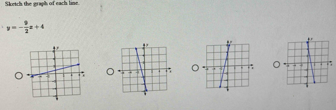 Sketch the graph of each line.
y=- 9/2 x+4