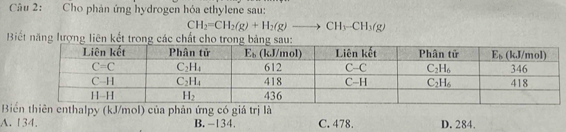 Cho phản ứng hydrogen hóa ethylene sau:
CH_2=CH_2(g)+H_2(g)to CH_3-CH_3(g)
Biết năng lượng liên kết trong các chất cho trong bảng
Bihiên enthalpy (kJ/mol) của phản ứng có giá trị là
A. 134. B. -134. C. 478. D. 284.