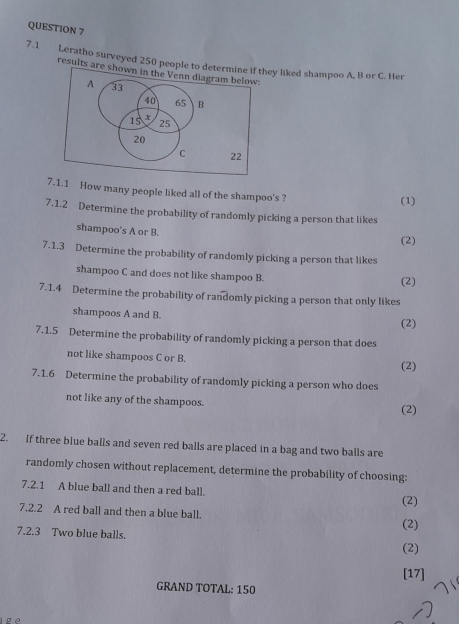 7.1 Leratho surveyed 250 people ey liked shampoo A, B or C. Her 
results are 
7.1.1 How many people liked all of the shampoo's ? 
(1) 
7.1.2 Determine the probability of randomly picking a person that likes 
shampoo's A or B. 
(2) 
7.1.3 Determine the probability of randomly picking a person that likes 
shampoo C and does not like shampoo B. (2) 
7.1.4 Determine the probability of randomly picking a person that only likes 
shampoos A and B. (2) 
7.1.5 Determine the probability of randomly picking a person that does 
not like shampoos C or B. (2) 
7.1.6 Determine the probability of randomly picking a person who does 
not like any of the shampoos. (2) 
2. If three blue balls and seven red balls are placed in a bag and two balls are 
randomly chosen without replacement, determine the probability of choosing: 
7.2.1 A blue ball and then a red ball. 
(2) 
7.2.2 A red ball and then a blue ball. 
(2) 
7.2.3 Two blue balls. (2) 
[17] 
GRAND TOTAL: 150