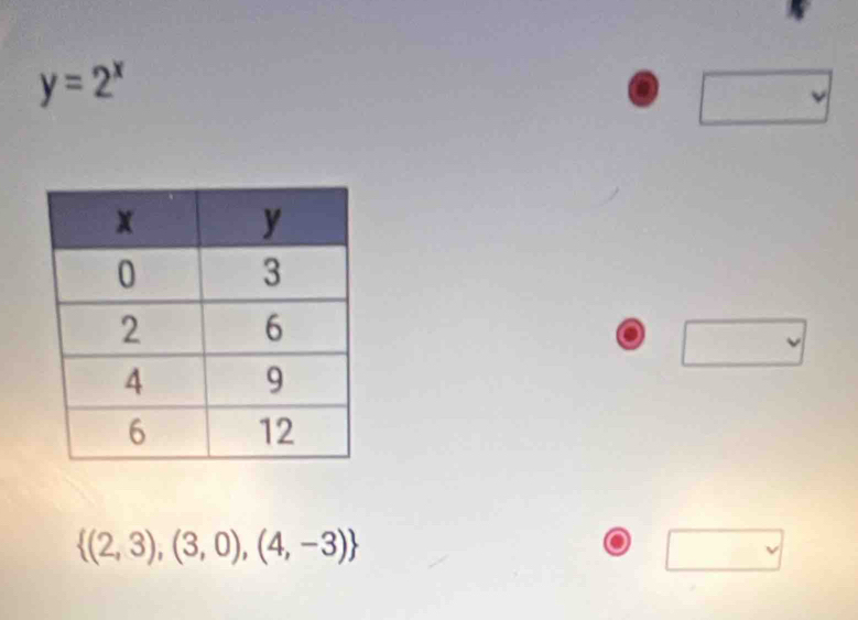 y=2^x
a 
v
 (2,3),(3,0),(4,-3)