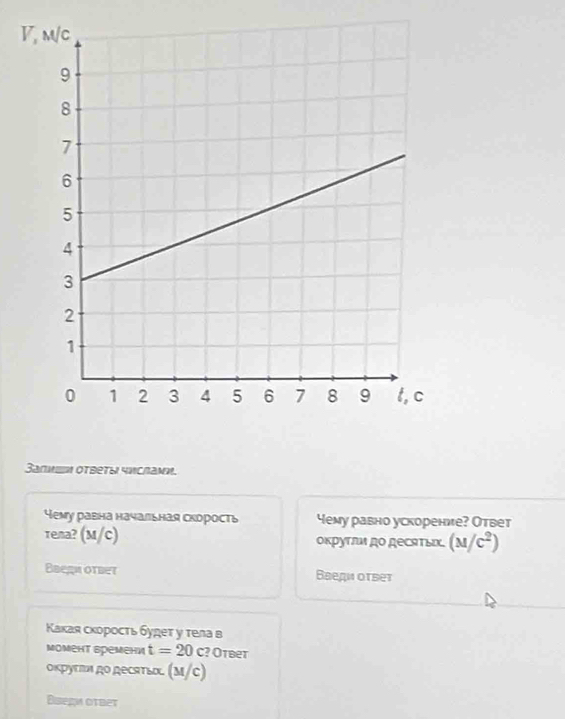 Зaπ;iη otbеτω чисhaνη.
Yему равна начальная скорость чему равно ускорение? Ответ
тena? (M/c) окрутли до десяΤь. (M/C^2)
Baegotber Baeдhotset
Какая скорость будет у тела в
момент времени t=20 c ? Otber
OKруTN RO ReCrtbl (Μ/C)
Buegmotbet