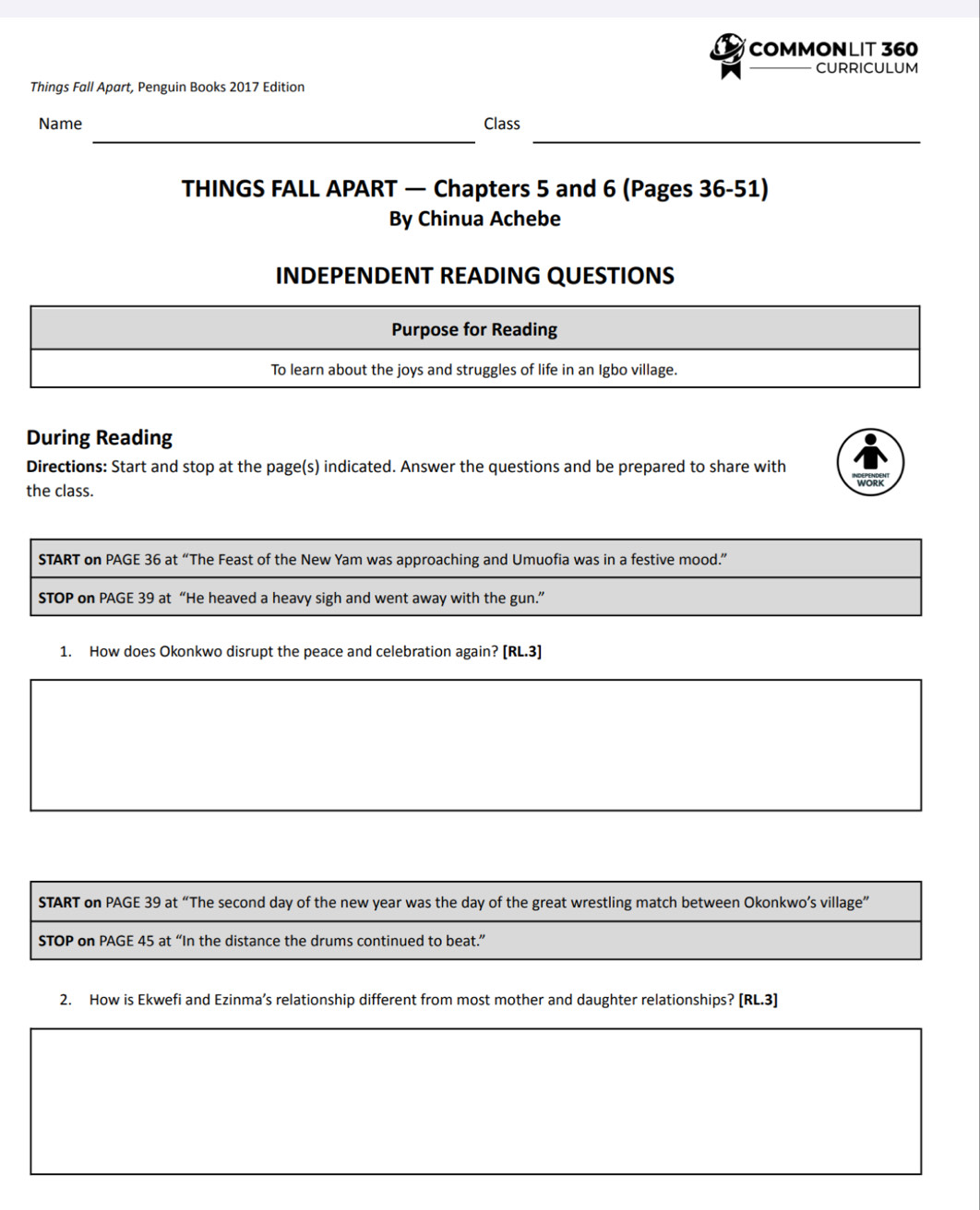 Solved: COMMONLIT 360 CURRICULUM Things Fall Apart, Penguin Books 2017 Edition __ Name Class ...