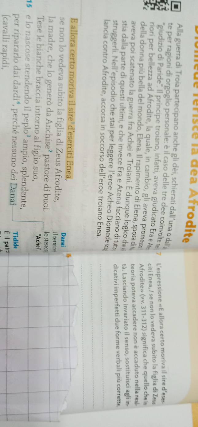 de r érisce la dea Afrodite
Alla guerra di Troia partecipano anche gli dèi, schierati dall'una o dall'
te per ragioni di orgoglio personale: è il caso delle tre dee coinvolte re 7 L'espressione «E allora certo moriva il sire d'ese.
'giudizio di Paride'. Il principe troiano, infatti, aveva giudicato Era  e A citi Enea, / se non lo vedeva subito la figlia di Ze
riori per bellezza ad Afrodite, la quale, in cambio, gli aveva promess Afrodite» (vv. 311-312) significa che quello che in
della donna più bella del mondo, Elena. Il rapimento di Elena, sposa dil teoria poteva accadere non è accaduto nella rea
aveva poi scatenato la guerra fra Achei e Troiani. E dunque logico che tà. Lasciando invariato il senso, sostituisci agli in.
stia dalla parte di questí ultími, e che invece Era e Atena facciano di tutta dicativi imperfetti due forme verbali più corrett.
struggerli. Nell’episodio che stai per leggere l’eroe Acheo Diomede s
_
lancia contro Afrodite, accorsa in soccorso dell’eroe troiano Enea._
_
E allora certo moriva il sire¹ d'eserciti Enea, Danai
se non lo vedeva subito la figlia di Zeus Afrodite, Il termine
la madre, che lo generò da Anchise² pastore di buoi. lo stesso n
Tese le bianche braccia intorno al figlio suo, ''Achei''
15 e lo nascose stendendo 11 peplo^3 ampio, splendente,
per ripararlo dai dardi⁴, perché nessuno dei Danai Tidide
[cavalli rapidi,  il patro