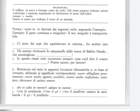 PROMEMORIA 
Il suffisso -ã serve a formare nomi da verbi. Tali nomi possono indicare azione 
ronzare > ronzéo continuata o ripetuta, soprattutto in riferimento al senso dell'udito: 
_ 
Spesso si usano per indicare il verso di un animale. 
_ 
Forma i nomi in -í derivati dai seguenti verbi, seguendo l'esempio. 
Esempio: Il gatto continua a miagolare! Il suo miagolio è insopporta- 
bile. 
1. Ci sono dei topi che squittiscono in cantina... ho sentito uno 
_ 
2. Ho sentito tíntίκæære le campanelle delle renne di Babbo Natale... 
che meraviglioso __! 
3. In questa classe tutti sæsмнно sempre: cosa vuol dire il vostro 
_? Potete tacere, per favore? 
7. Rintraccía nel testo le seguenti locuzioni idiomatiche e, in base al 
contesto, abbinale ai significati corrispondenti: essere abbigliato pove- 
ramente; essere molto agitato; uccidere; esserci molta confusione; ricor- 
dare; diventare di cattivo umore. 
1. che vi salta in mente?: saltare in mente:_ 
2. c'era la sarabanda /c'era il 48 / c'era il putiferio: esserci la saza- 
banda / il 48 / il putiferio:_