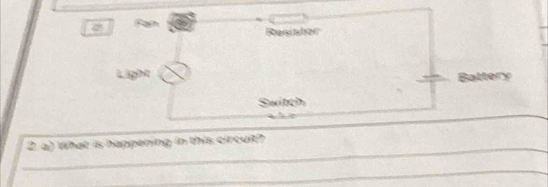 Pan 
Resister 
Light 
Bat 
Switch 
_ 
_ 
2 a) What is happening in this circuit? 
_