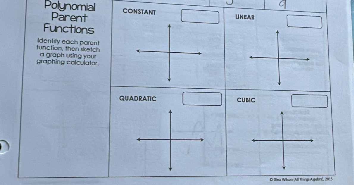 Polynomial CONSTANT LINEAR 
Parent 
Functions 
Identify each parent 
function, then sketch 
a graph using your 
graphing calculator. 
QUADRATIC CUBIC 
© Gina Wilson (All Things Algebra), 2015