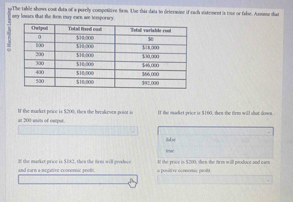 The table shows cost data of a purely competitive firm. Use this data to determine if each statement is true or false. Assume that
any losses that the firm may earn are temporary.
If the market price is S200, then the breakeven point is If the market price is $160, then the firm will shut down.
at 200 units of output.
false
truc
If the market price is $182, then the firm will produce If the price is $200, then the firm will produce and earn
and earn a negative economic profit. a positive economic profit.