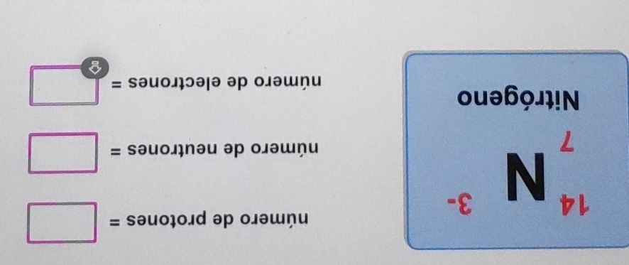 14 N
3-
número de protones =□
7
número de neutrones =□
Nitrógeno
número de electrones =□