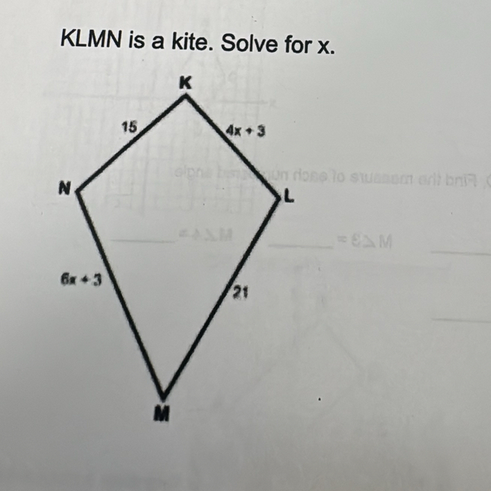 KLMN is a kite. Solve for x.