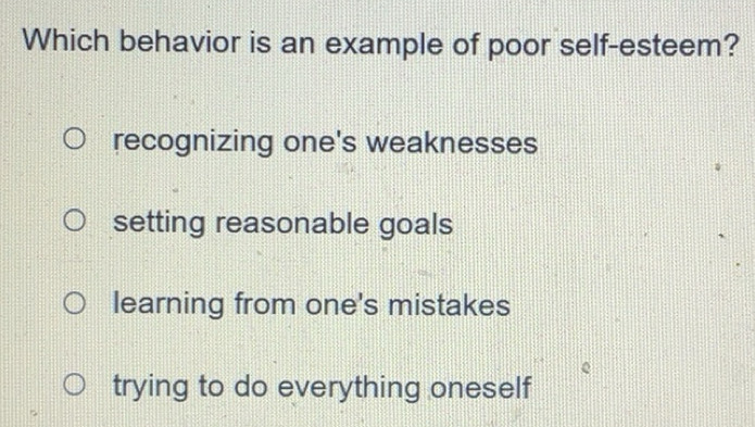 Solved: Which behavior is an example of poor self-esteem? recognizing ...