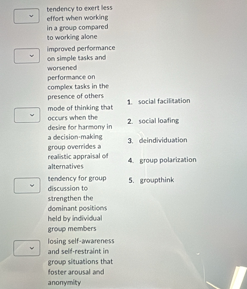 tendency to exert less 
effort when working 
in a group compared 
to working alone 
improved performance 
on simple tasks and 
worsened 
performance on 
complex tasks in the 
presence of others 
1. social facilitation 
mode of thinking that 
occurs when the 2. social loafing 
desire for harmony in 
a decision-making 3. deindividuation 
group overrides a 
realistic appraisal of 4. group polarization 
alternatives 
tendency for group 5. groupthink 
discussion to 
strengthen the 
dominant positions 
held by individual 
group members 
losing self-awareness 
and self-restraint in 
group situations that 
foster arousal and 
anonymity