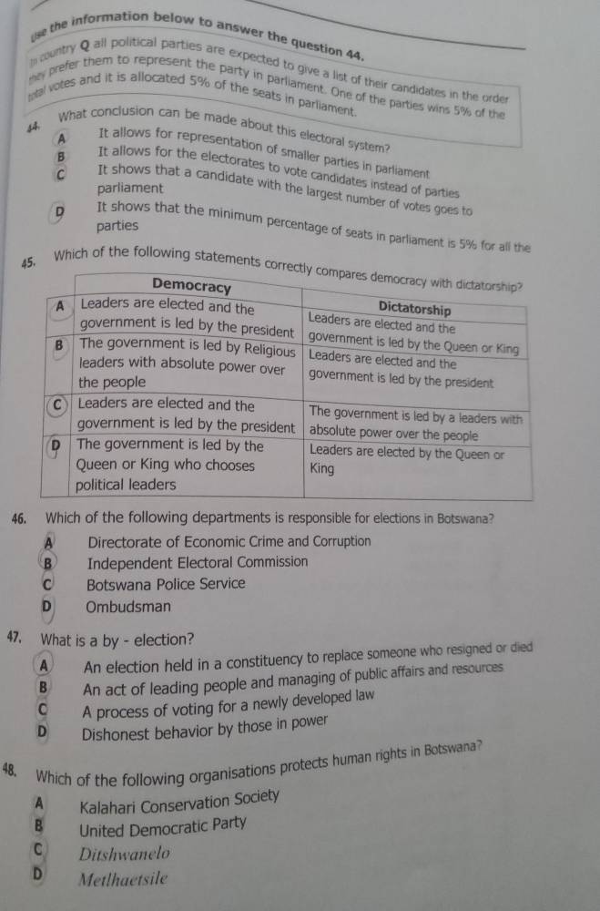 the information below to answer the question 44.
hcountry Q all political parties are expected to give a list of their candidates in the order
tey prefer them to represent the party in parliament. One of the parties wins 5% of the
mtal votes and it is allocated 5% of the seats in parliament.
44. What conclusion can be made about this electoral system?
It allows for representation of smaller parties in parliament
B
A It allows for the electorates to vote candidates instead of parties
parliament
C It shows that a candidate with the largest number of votes goes to
parties
D It shows that the minimum percentage of seats in parliament is 5% for all the
5, Which of the following statemen
46. Which of the following departments is responsible for elections in Botswana?
A Directorate of Economic Crime and Corruption
Independent Electoral Commission
C Botswana Police Service
D Ombudsman
47. What is a by - election?
A An election held in a constituency to replace someone who resigned or died
B An act of leading people and managing of public affairs and resources
C A process of voting for a newly developed law
D Dishonest behavior by those in power
48. Which of the following organisations protects human rights in Botswana?
A Kalahari Conservation Society
B United Democratic Party
C Ditshwanelo
D Metlhaetsile