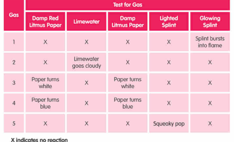 Test for Gas
X indicates no reaction