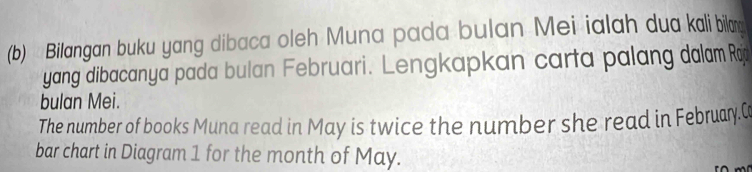 Bilangan buku yang dibaca oleh Muna pada bulan Mei ialah dua kali bila 
yang dibacanya pada bulan Februari. Lengkapkan carta palang dalam Raj 
bulan Mei. 
The number of books Muna read in May is twice the number she read in February.C 
bar chart in Diagram 1 for the month of May.