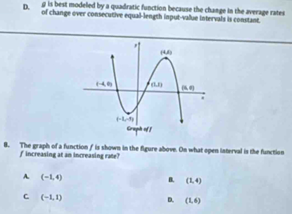 is best modeled by a quadratic function because the change in the average rates
D. of change over consecutive equal-length input-value intervals is constant.
8. The graph of a functionf is shown in the figure above. On what open interval is the function
f increasing at an increasing rate?
A. (-1,4)
n. (1,4)
C. (-1,1)
D. (1,6)