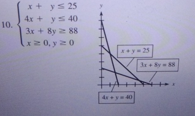 beginarrayl x+y≤ 25 4x+y≤ 40 3x+8y≥ 88 x≥ 0,y≥ 0endarray.