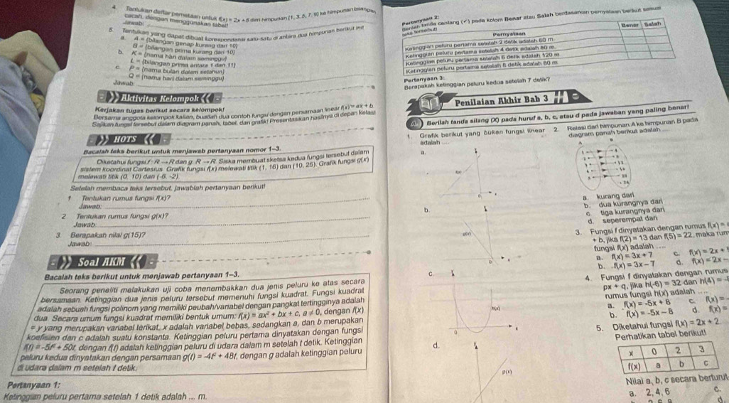 Tantukan daftar pemetaan unluk (x)=2x+1 5 dam himpuran (1 . 1 5, 7. 9) ké himpunan biangar
5. Tentukan yang dapet dibual kvenoake sao-satu ar anlara dua himponan barkur imah berdasarian permystaan baraut amusal
.Jowab: carah, dengan menggunakan tabel!"
A= (bilangan genap kursag dari 10,
8= (bilangan prima kurang dan 10)
b. K= (hama hàn dalam semingou)
L= (bilangan prima antara 1 dan 11)
C P= (ema buểán đalam setahun)
Q=
Jawab. _(Nama hari dalam seminggu)
Pert Berapakah ketinggian paturu kedua setela
Aktívitas Kelompok «
Kerjakan tugas berikut secara kelompok!
Bersama ançgota kelompok kalian, buatiah dua contoh fungsi dengan persamaan linear (ur mh at 6
Sašikan fungsí fersebut dalam diagram panah, taber, dan grafik! Presentasian hasilnya di depan Kelasi Penilaian Akhir Bab 3
A  Berilah tanda silang (X) pada huruf a, b, c, stau d pada jawaban yang paling benar!
1. Grafik berikut yang büken fungsi linear 2. Relasi dan himpunan Ake himpunan B pada
diagram panah berkut adalah 
HOTS adaish^(Bacalah teks berikut untuk menjawab pertanyaan nomor 1-3.
Diketahui fungsi f. R → R dan g. R → R. Siska membuat sketsa kedua fungsi lersebul dalam a.
Grafik fungsi g(x)
.  
sistem koordinat Cartesius. Grafik fungsi /(x) melewati titik (1,16) dan (10,25)
fr
melewati titik (0. 10) dan (-6,-2). :
Setelah membaca taks tersebut, jawablah pertanyaan berikut!
↑ Tentukan rumus fungsi f(x)?
a kurang dari
Jawab:
b.  b. dua kurangnya dar
2 Tentukan rumus fungsi g(x)?
c tiga kurangnya dari
d. seperempal dan
Jawa f(x)=
3. Berapakah nilal g(15)? gn
3. Fungsi  dinyatakan dengan rumus
Jawab:
+b jika f(2)=13 dan f(5)=22 maka run
fungsi f(x adalah .... f(x)=2x+1
a. f(x)=3x+7 C.
Soal AKM d. f(x)=2x-
b.
Bacalah teks berikut untuk menjawab pertanyaan 1-3. C x
4. Fungsi f dinyatakan dengan rumus f(x)=3x-7
px+q jika
Seorang peneliti melakukan uji coba menembakkan dua jenis peluru ke atas secara
bersamaan. Ketinggian dua jenis peluru tersebut memenuhi fungsi kuadrat. Fungsi kuadrat h(-6)=32 dan h(4)=-1
adalah sebuah fungsi polinom yang memiliki peubah/varabel dengan pangkat tertingginya adalah
a. f(x)=-5x+8 C f(x)=
(x) f(x)=-5x-8
# y yang merupakan variabel terikat, x adalah variabel bebas, sedangkan a, dan b merupakan f(x)=ax^2)+bx+c,a!= 0 , dengan f(x) rumus fungsi h(x) adalah
b.
dua Secara umum fungsi kuadrat memiliki bentuk umum: d f(x)=
0 5、 Diketahui fungsi f(x)=2x+2
koefisien dan c adalah suatu konstanta. Ketinggian peluru pertama dinyatakan dengan fungsi .
f(t)=-5t^2+50t dengan f(f) adalah ketinggian peluru di udara dalam m setelah t detik. Ketinggian
peluru kedua dinyatakan dengan persamaan g(t)=-4t^2+48 , dengan g adalah ketinggian peluru d. Perhatikan tabel berikut!
di udara dalam m setelah I detik. p(x)
Pertanyaan 1:
Nilai a, b, c secara berturut
Ketinggian peluru pertama setelah 1 detik adalah ... m
a, 2, 4, 6 C.
d.