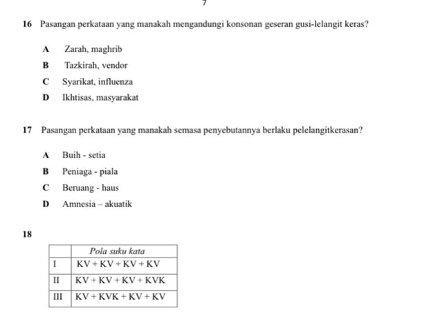 Pasangan perkataan yang manakah mengandungi konsonan geseran gusi-lelangit keras?
A Zarah, maghrib
B Tazkirah, vendor
C Syarikat, influenza
D Ikhtisas, masyarakat
17 Pasangan perkataan yang manakah semasa penyebutannya berlaku pelelangitkerasan?
A Buih - setia
B Peniaga - piala
C Beruang - haus
D Amnesia - akuatik
18