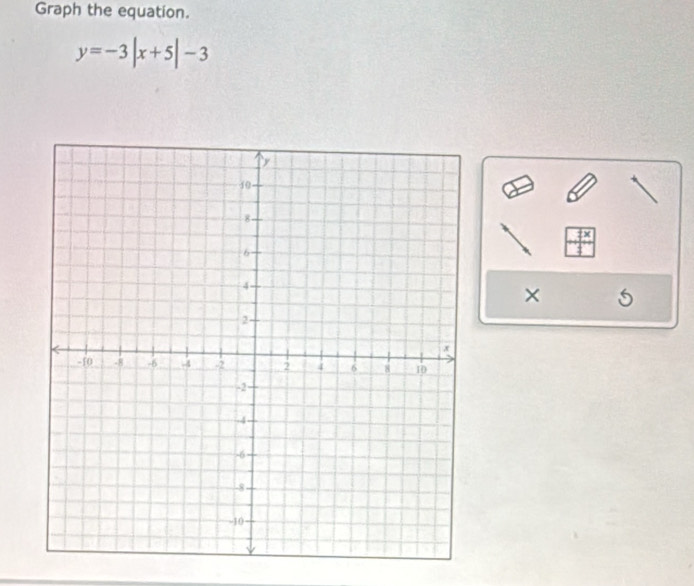 Graph the equation.
y=-3|x+5|-3
×