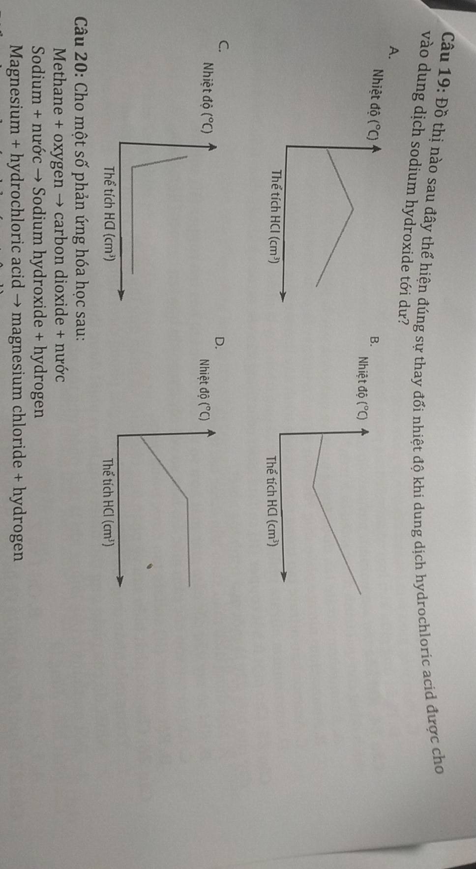 Đồ thị nào sau đây thể hiện đúng sự thay đổi nhiệt độ khi dung dịch hydrochloric acid được cho
vào dung dịch sodium hydroxide tới dư?
A.
NhiệtB.
Nhiệt độ (^circ C)

C.
D.
Nhiệt đ
 
Câu 20: Cho một số phản ứng hóa học sau:
Methane + oxygen → carbon dioxide + nước
Sodium + nước → Sodium hydroxide + hydrogen
Magnesium + hydrochloric acid → magnesium chloride + hydrogen