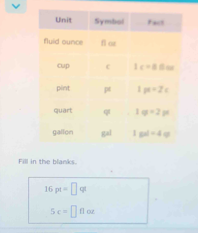 Fill in the blanks.
16pt= L qt
5c= fl oz