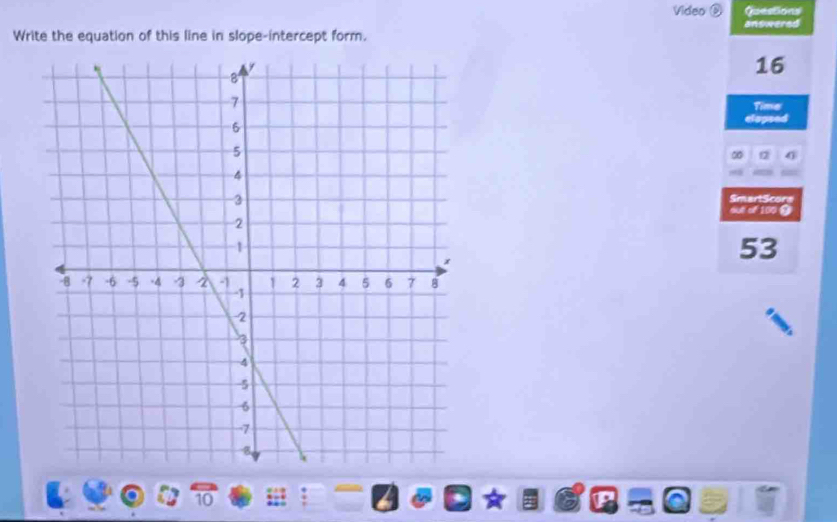 Video ② Questions 
answered 
Write the equation of this line in slope-intercept form.
16
Time 
lapsed
12 n 
SmartScore 
sut of 100 9
53.
10