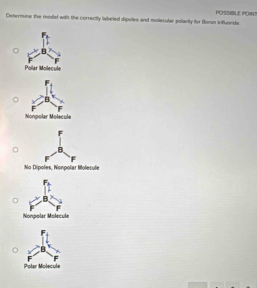 POSSIBLE POINT
Determine the model with the correctly labeled dipoles and molecular polarity for Boron trifluoride.
No Dipoles, Nonpolar Molecule