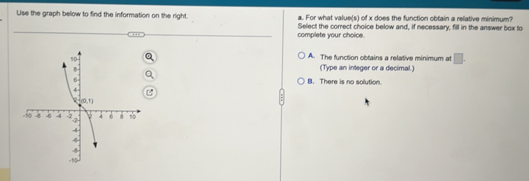 Use the graph below to find the information on the right. a. For what value(s) of x does the function obtain a relative minimum?
Select the correct choice below and, if necessary, fill in the answer box to
complete your choice.
A. The function obtains a relative minimum at □ .
(Type an integer or a decimal.)
B. There is no solution.